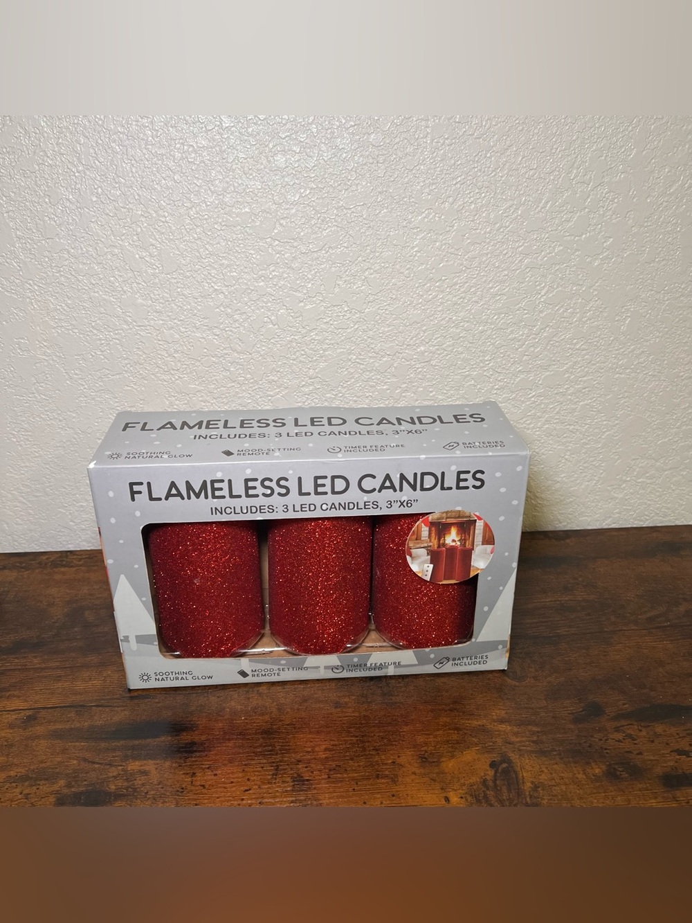 FLAMELESS LED CANDLE 3pc Red Glitter Candle Pillar 3x6" NO REMOTE NO BATTERIES